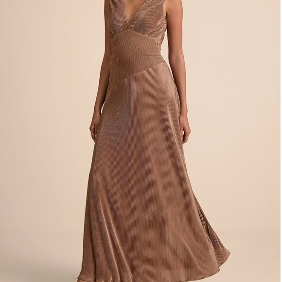 Lulus Renee Light Brown Satin Plisse V-neck Maxi Dress - Size XL - Picture 1 of 3